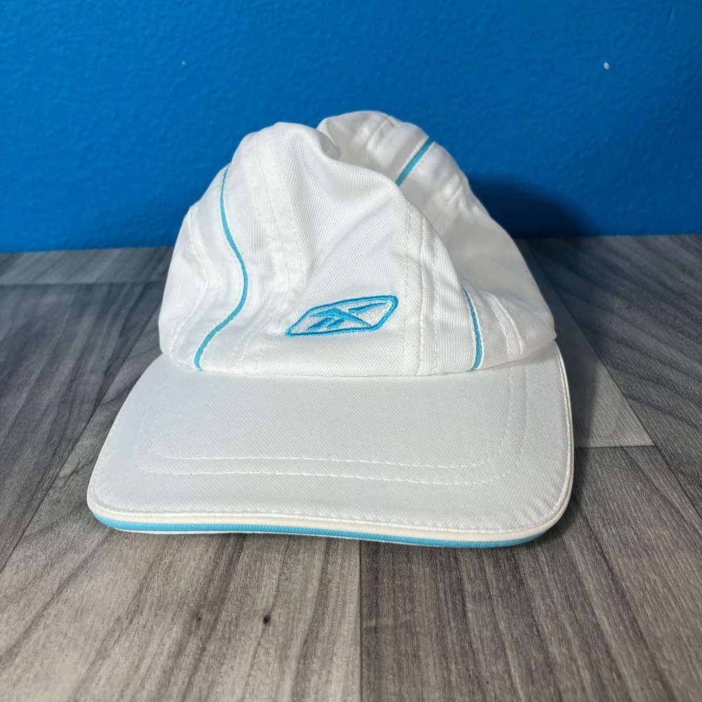 Vtg Reebok Hat Running Performance Cap Adjustable‎ Strap Back White Blue Piping